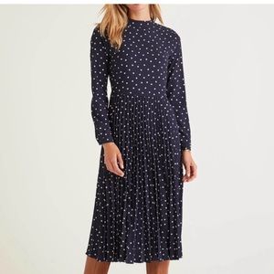 BODEN Camille Navy Polka Dot Pleated Midi Dress Long Sleeve